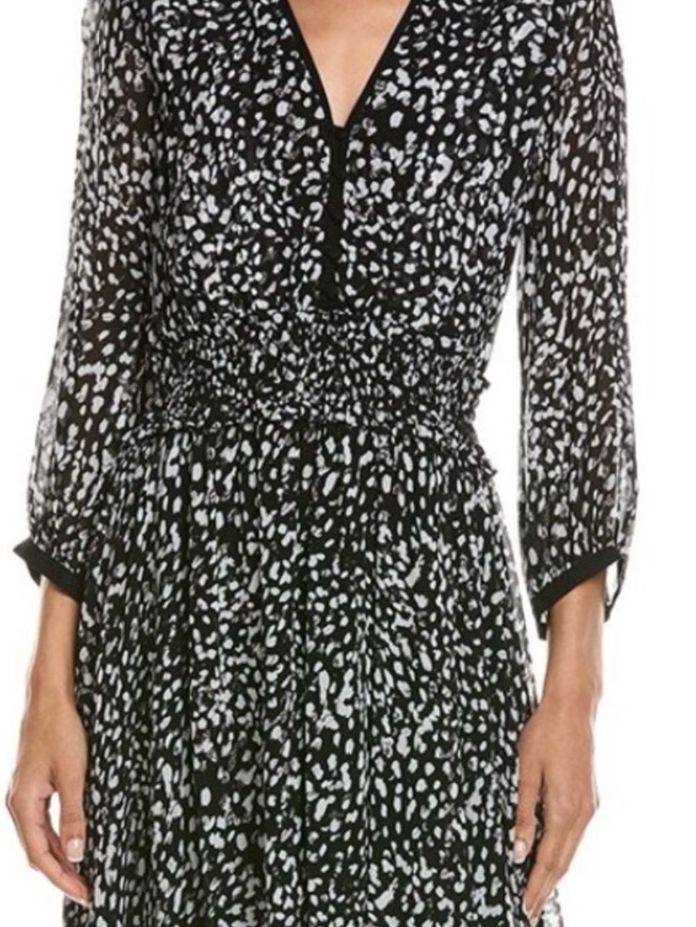 The Kooples Black & White Printed Long Sleeve V-Neck Dress